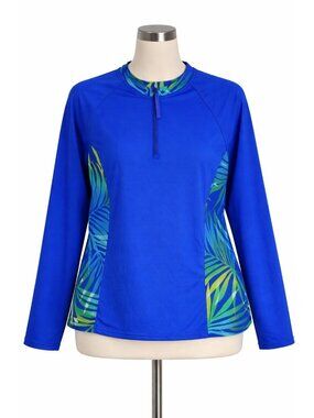 Lands' End Long Sleeve Rash Guard Swim Shirt Blue Green Palm UPF 50 Plus Size 2X